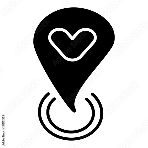 Solid icon of a map pin with a heart and signal waves, representing favorite spot, loved destination, or marked romantic place