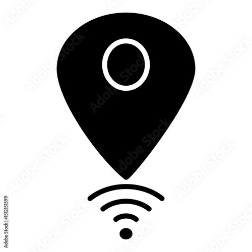 Solid icon of a location marker with Wi-Fi signal, representing connected location, online area, or smart pin.