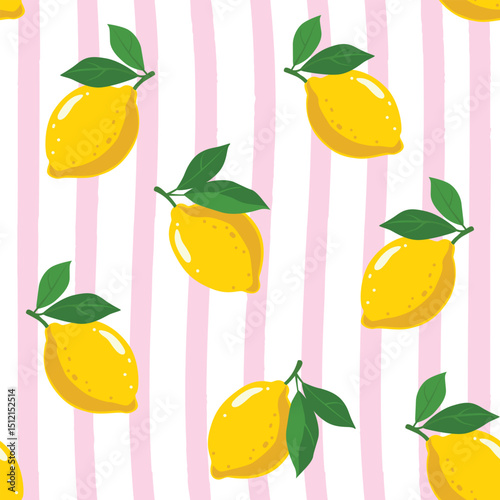 Seamless pattern with hand-drawn lemons and green leaves on pink striped background. Summer fruit kitchen decor vector illustration