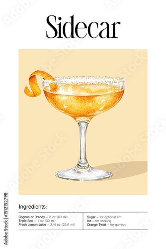 Sidecar cocktail with orange twist garnish and sugar rim in coupe glass. Watercolor illustration of classic cognac and citrus drink on beige background. V