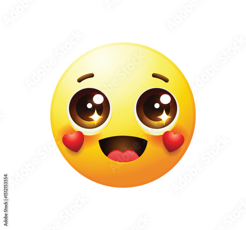 Blush face  with hearts emoji icon. Yellow face emoticon blushing vector illustration isolated.