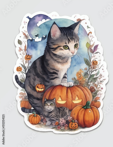 Halloween pumpkin and cats drawing sticker