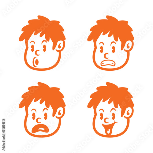 Vector set of boy facial expressions with spiky hair in orange line art. Includes scared, angry, shy, and suspicious emotions. Perfect for children’s content, comics, or UI elements
