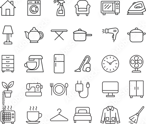 Flat icons set of household items – furniture, appliances, tools, and home essentials. Household Line Editable Icons set. Vector illustration in modern thin line style of household items related icons