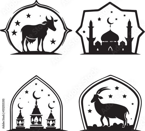 This design set includes four vector frames of cows and mosques under crescent moons. It's a creative choice for Eid Mubarak cards, Islamic art, or laser cutting.