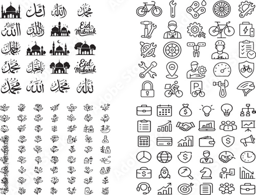 Islamic Calligraphy and Mosque Line Icon Set – Vector Pictograms of Allah, Muhammad (PBUH), Masjid, Zikr, Floral and Arabesque Elements"

