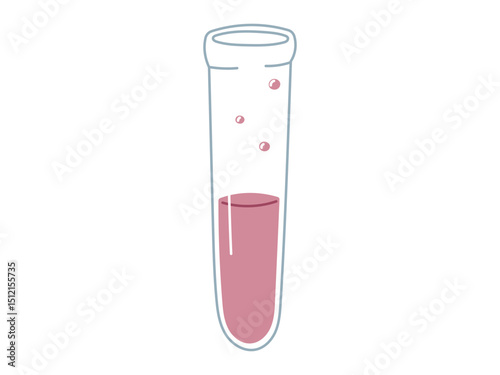 Vector isolated flat illustration of a test chemical tube with pink liquid and bubbles. Ideal for educational, scientific, school, or chemistry related designs and experiments visuals.