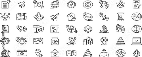 Simple Black Line Icons Representing Travel and Location
