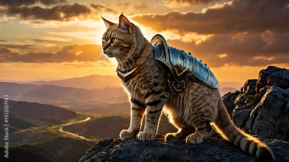 Obraz premium A fluffy tabby kitten with green eyes sits in the grass, its fur glowing against a vibrant sunset sky