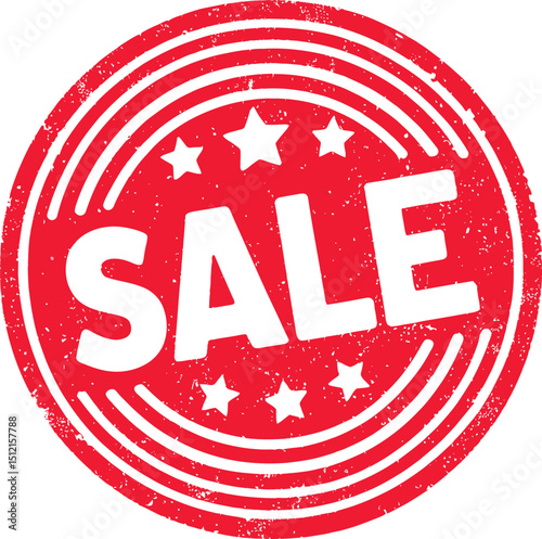 A red and white sale stamp with stars and concentric circles on a white background for promotions