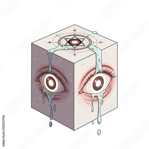 Mystic Eyeball Cube – Surreal Vision and Sacred Geometry Dripping Art