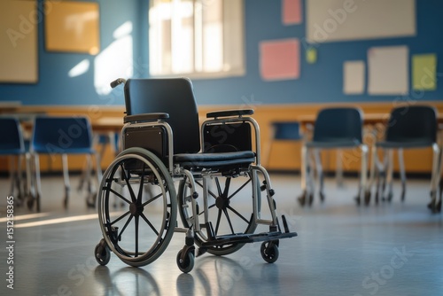 Empty modern classroom with wheelchair in focus photo