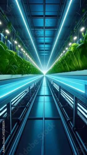 Futuristic hydroponic farm illuminated with blue neon lights, rows of green vegetables in clean environment. Vertical farming cultivation system.