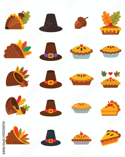 Thanksgiving themed icon set featuring turkey cornucopias pilgrim hats and tasty pies