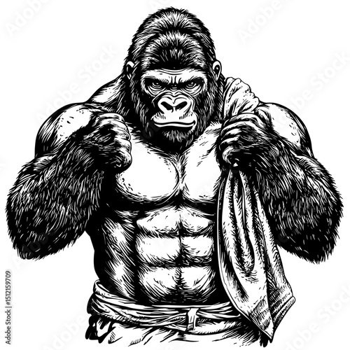 A powerful and imposing gorilla stands tall, baring its formidable physique, with intense gaze conveying strength and dominance.