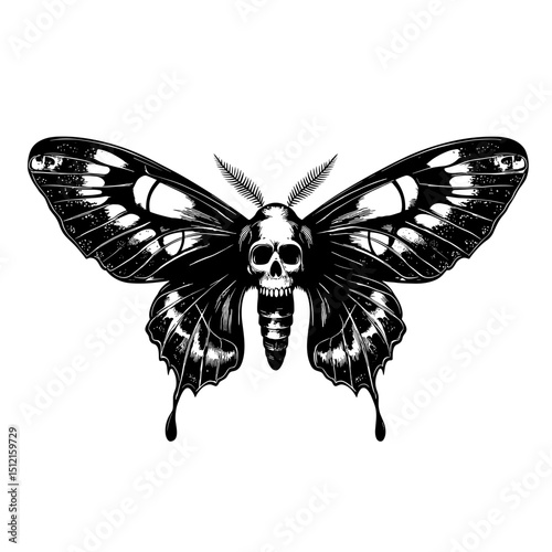 A striking black and white illustration showcases a detailed moth, its body artfully replaced by a human skull, evoking themes of mortality and transformation.