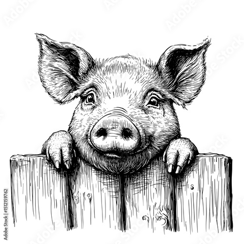 A delightful portrayal of a pig peeking over a wooden fence, a charming and detailed monochrome illustration that captures its playful nature.