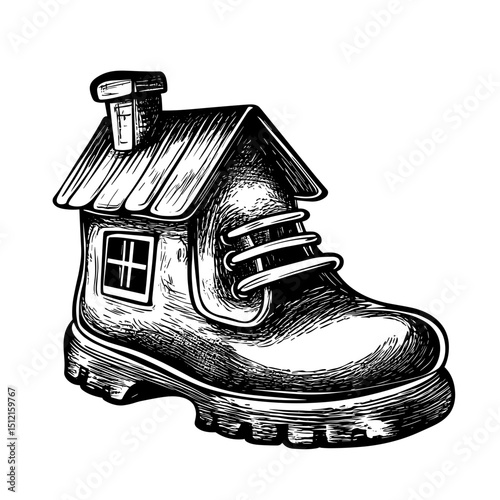 A charming artistic creation merges the concept of a home with footwear. Capturing whimsical charm, it invites viewers to explore the delightful fusion.