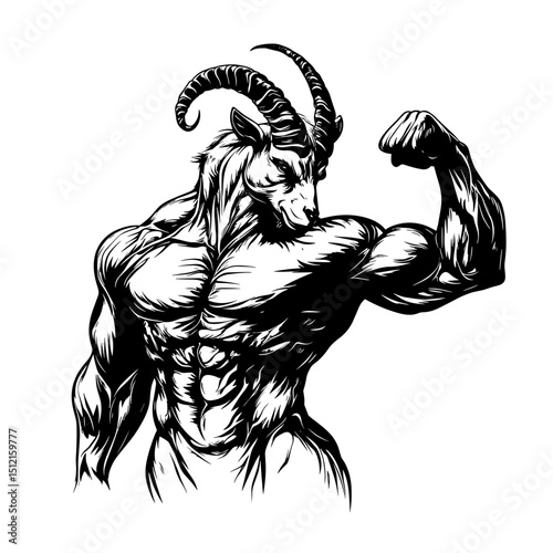 An artistic illustration showcases a muscular goat flexing its arm, exuding strength and power.
