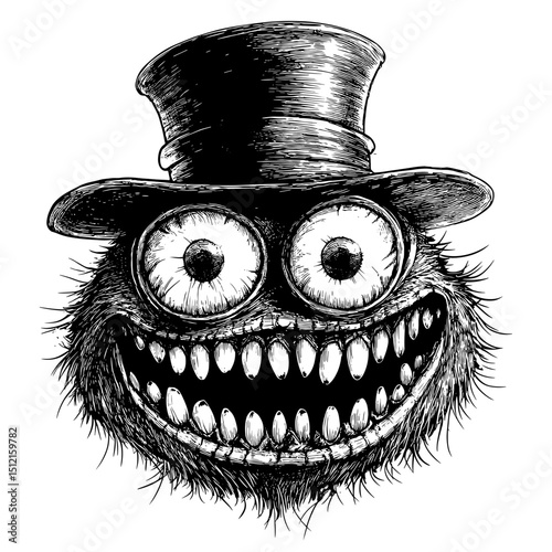 A whimsical monster with big eyes and grin, wearing a top hat. Illustration of fantasy creature, creating a humorous or slightly unsettling vibe.