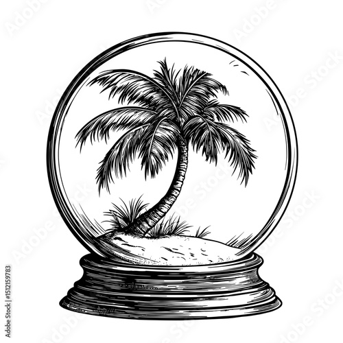 An artistic snow globe, featuring a detailed illustration of a palm tree on a miniature island, encapsulated within a glass sphere. A symbol of travel and escapism.