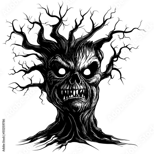 A spooky Halloween tree with a distorted face, exuding a mysterious and frightening aura, standing still and menacing.