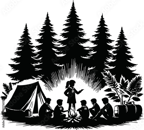 Silhouette of scout kids around campfire with tents and pine trees vector isolated on a white background
