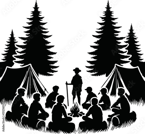 Silhouette of scout kids around campfire with tents and pine trees vector isolated on a white background
