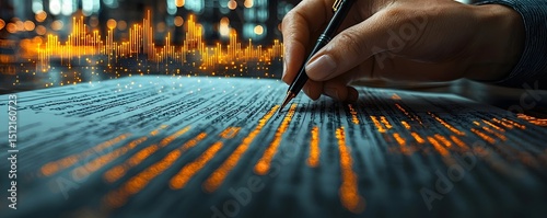 Business contracts being signed with digital graphs in the background