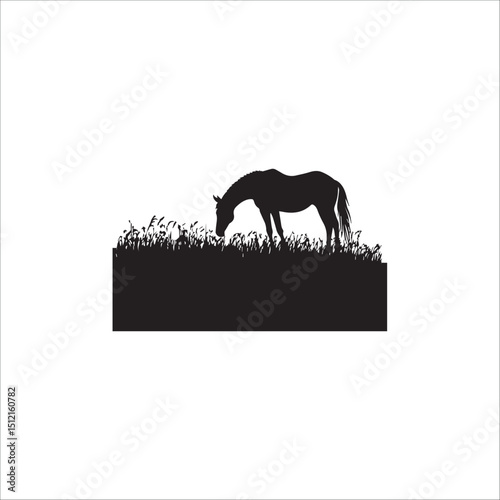 beautiful black silhouette of a horse on a field eating grass, on a white background, vector, graphics
