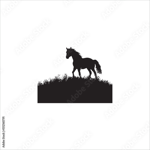 beautiful black silhouette of a horse on a field, on a white background, vector, graphics

