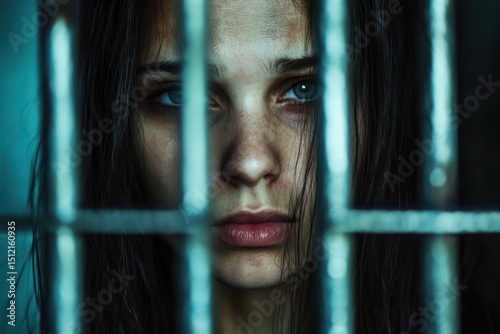 Female inmate behind prison bars in despair