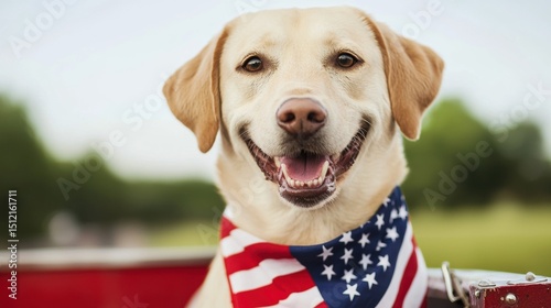 A happy Labrador dog wearing an American flag bandana, sitting outdoors on a sunny day.