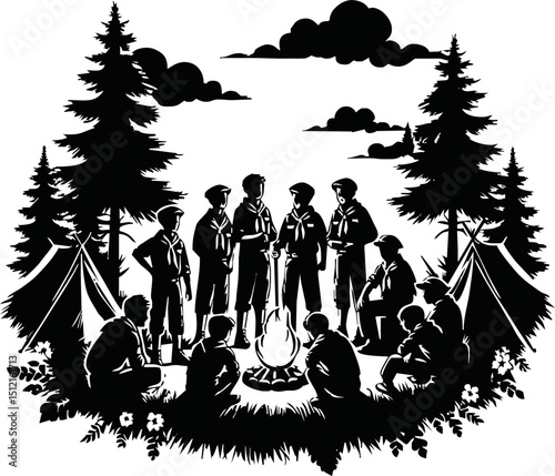 Silhouette of scout kids around campfire with tents and pine trees vector isolated on a white background
