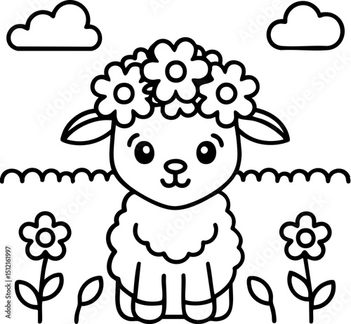 Cute Cartoon Lamb with Flower Crown in a Field Surrounded by Clouds and Flowers