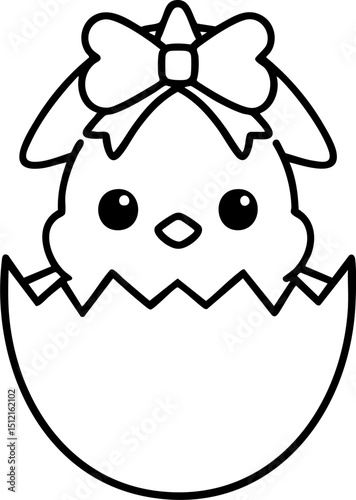 Cute Chick with Bow Emerging from Egg Shell in Black and White Outline Style