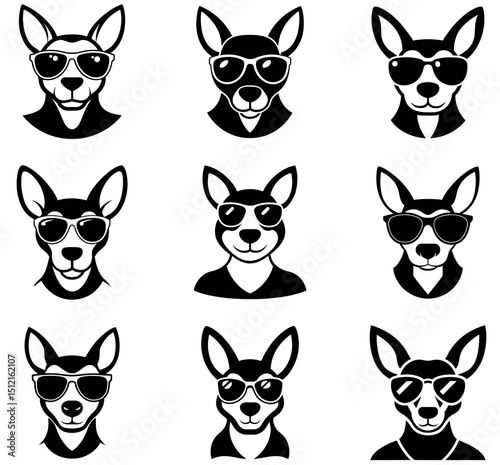 Cool Kangaroo Sunglasses Icon Set Silhouettes