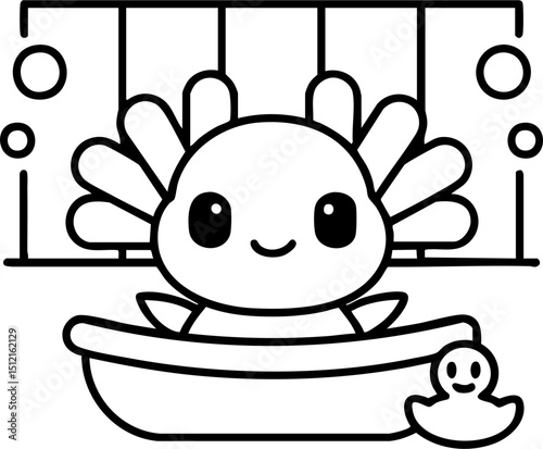 Cute Cartoon Axolotl in Bathtub Surrounded by Bubbles and Rubber Duck Illustration