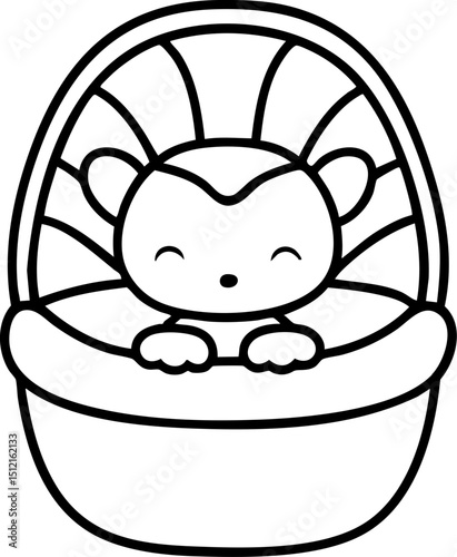 Cute Baby Monkey in a Basket Illustration for Children's Books and Designs