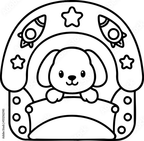 Cute Cartoon Dog Character in Cozy Space with Stars and Rockets for Coloring Book