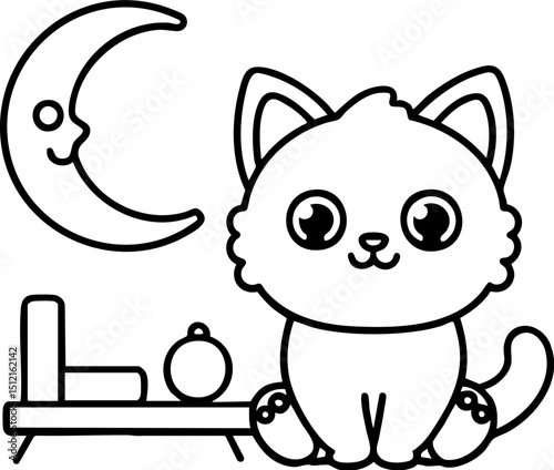 Cute cartoon cat sitting by a crescent moon with a cozy environment at night