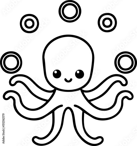 Cute Cartoon Octopus with Happy Face and Floating Bubbles in a Minimalist Style