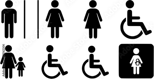 WC blue symbols set. Man and woman toilet icon. Wheelchair accessible toilet sign. Mother and baby room symbol.
