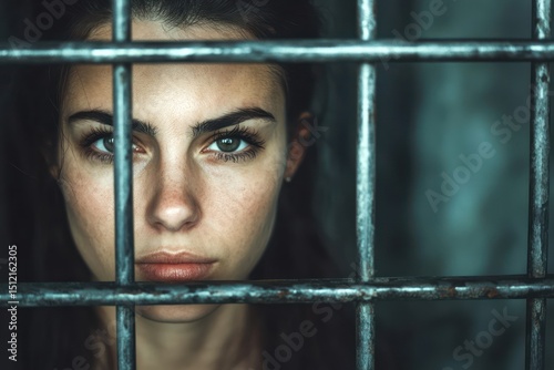 Female inmate behind prison bars in despair