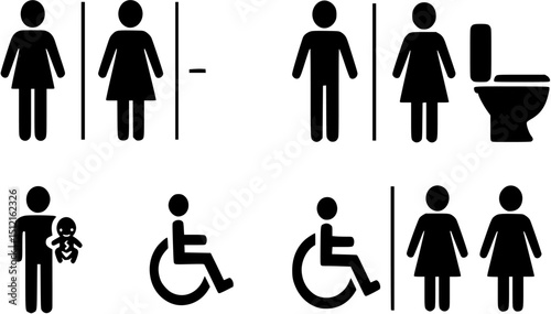 WC blue symbols set. Man and woman toilet icon. Wheelchair accessible toilet sign. Mother and baby room symbol.
