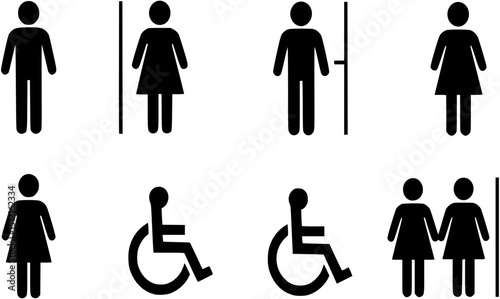 WC blue symbols set. Man and woman toilet icon. Wheelchair accessible toilet sign. Mother and baby room symbol.
