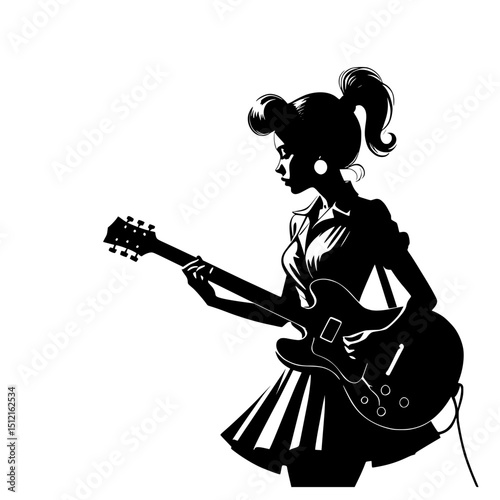 Rockabilly Woman Playing Electric Guitar Side Profile Vector Illustration