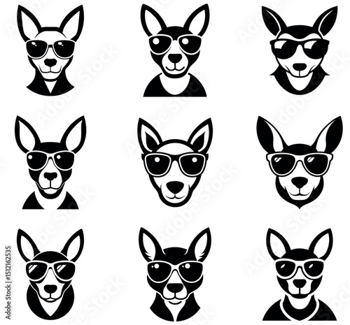 Cool Kangaroo Sunglasses Icon Set Silhouettes