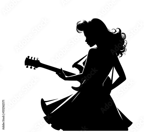 Rockabilly Woman Playing Electric Guitar Side Profile Vector Illustration