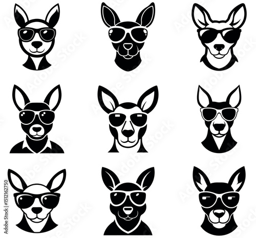 Cool Kangaroo Sunglasses Icon Set Silhouettes